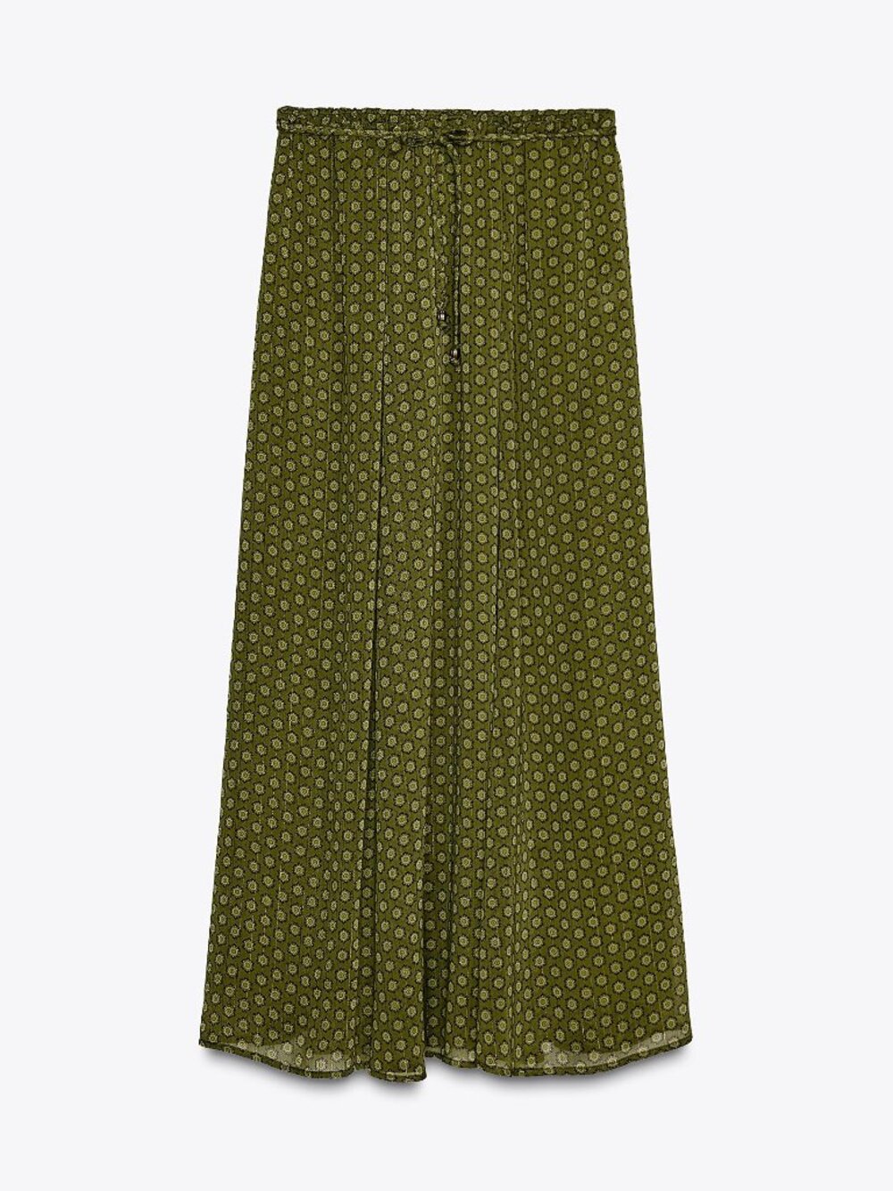 LONG PRINTED GREEN SKIRT WITH METALLIC THREAD